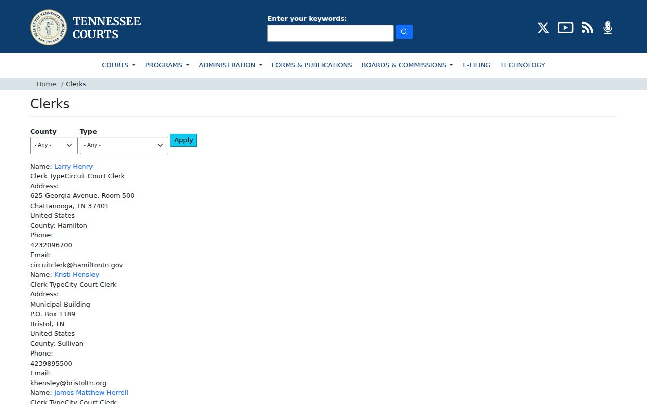 Tennessee court clerk directory for Pickett County warrant records routing