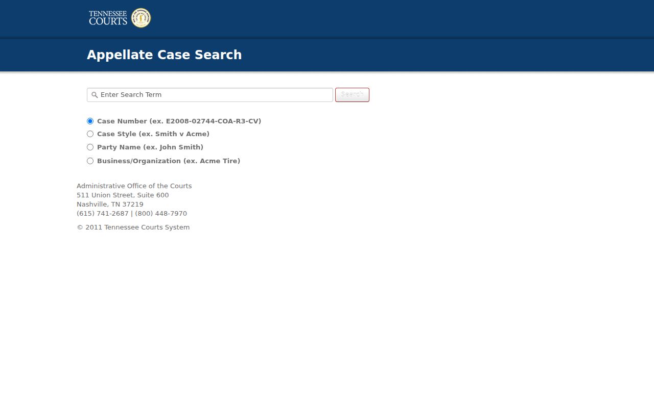 AOC appellate case-history search fields, not a Pickett County warrant lookup