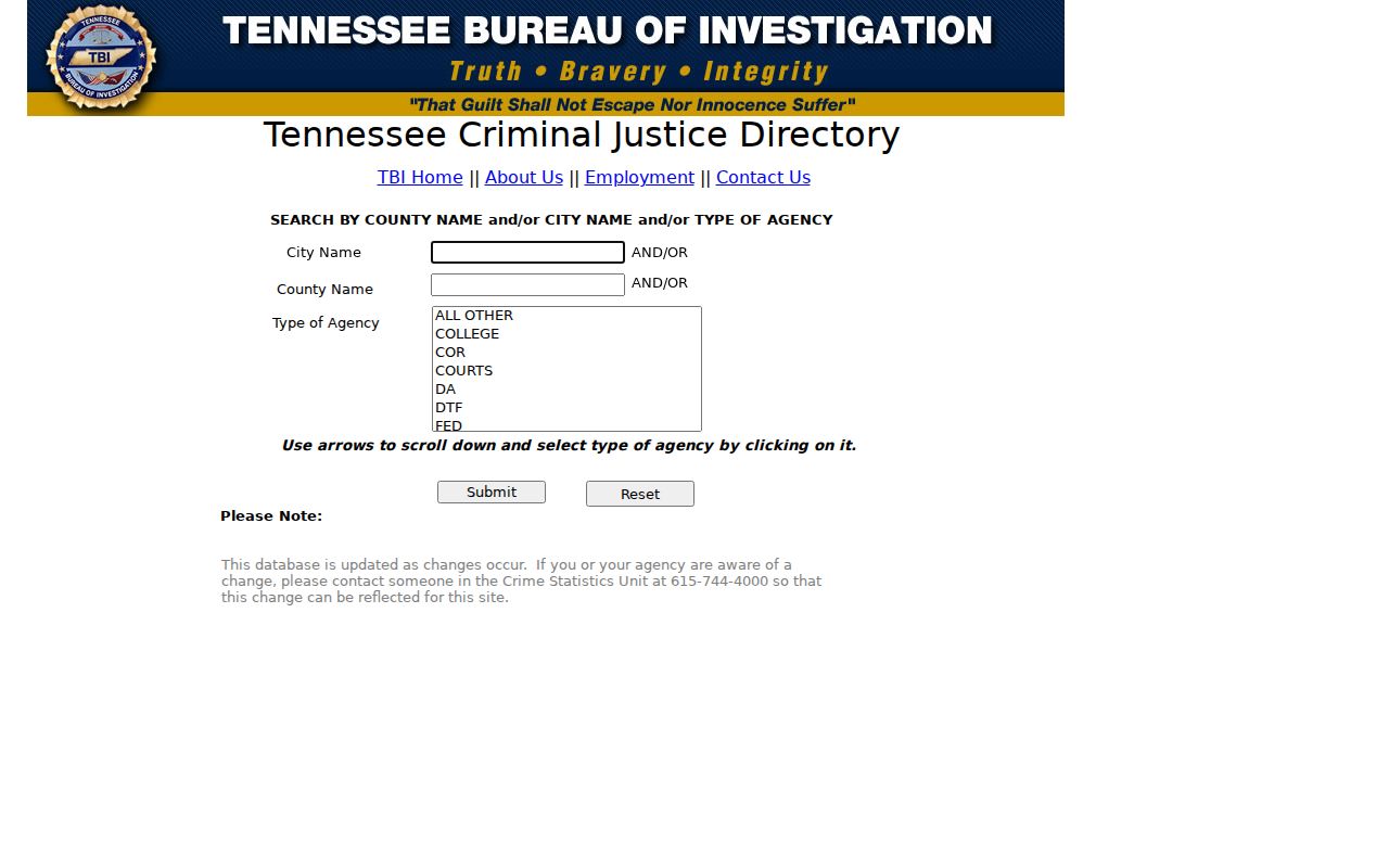 TBI agency directory controls, not a Pickett County warrant search