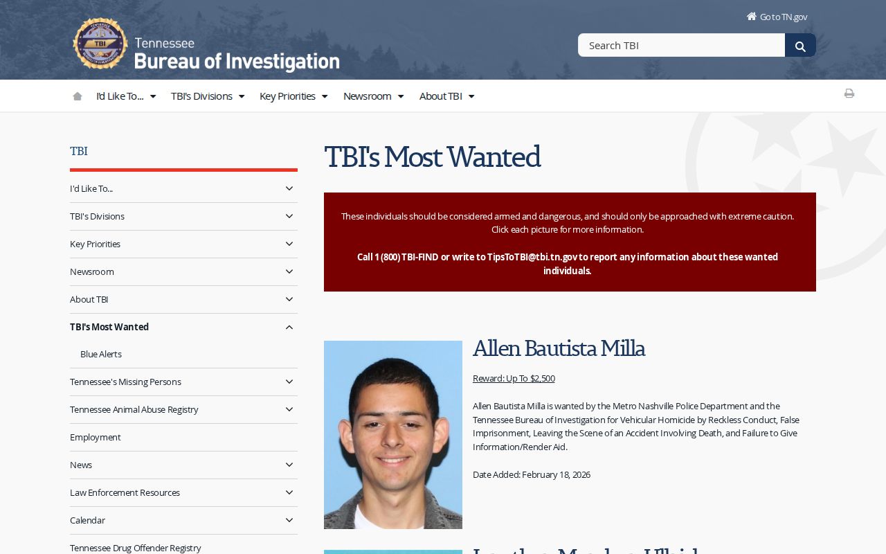 TBI statewide most wanted program description, not a Pickett County warrant roster