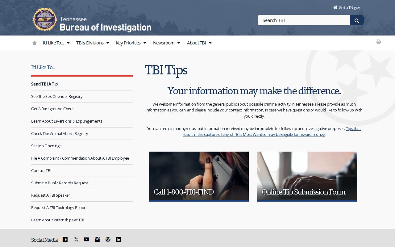 Official TBI tip instructions for sharing Pickett County warrant-related public-safety information