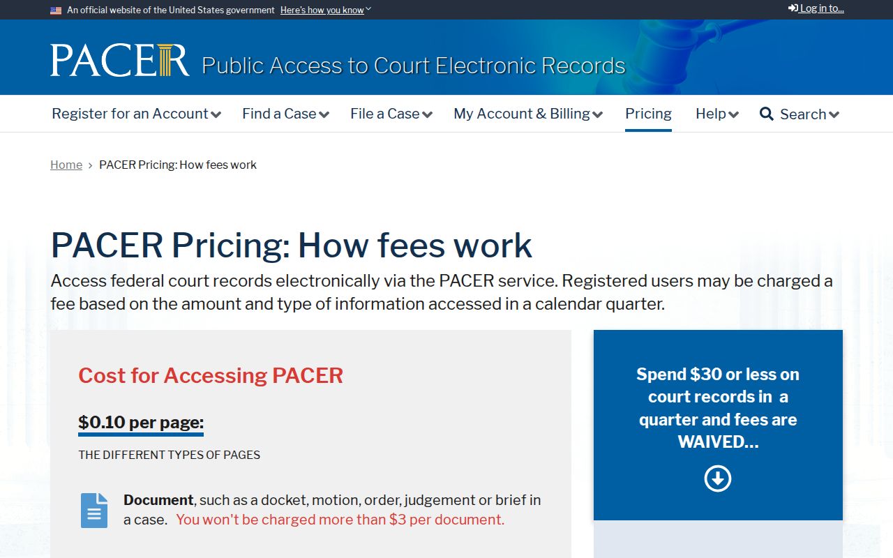 Federal PACER case-record pricing reference for Pickett County warrant inquiries