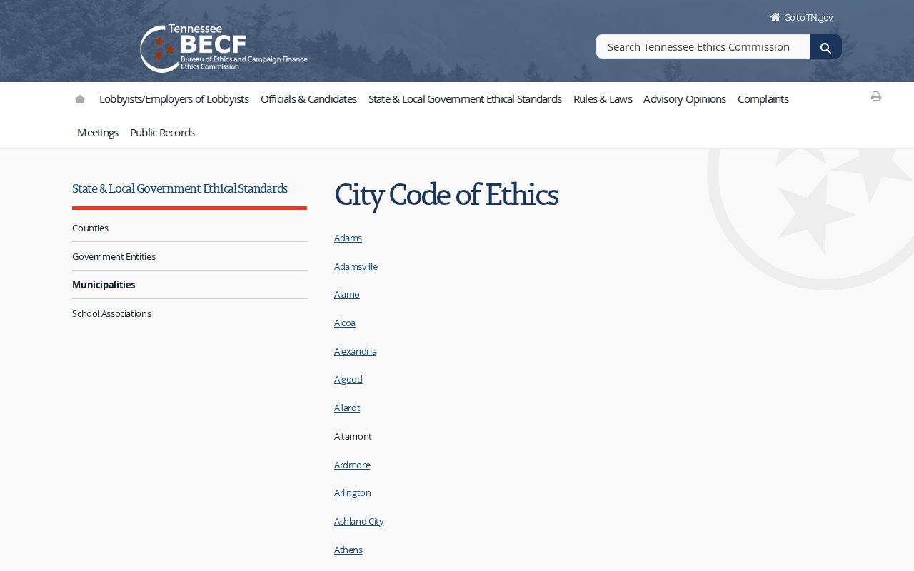 Official Tennessee municipality listing for Byrdstown municipal warrant context